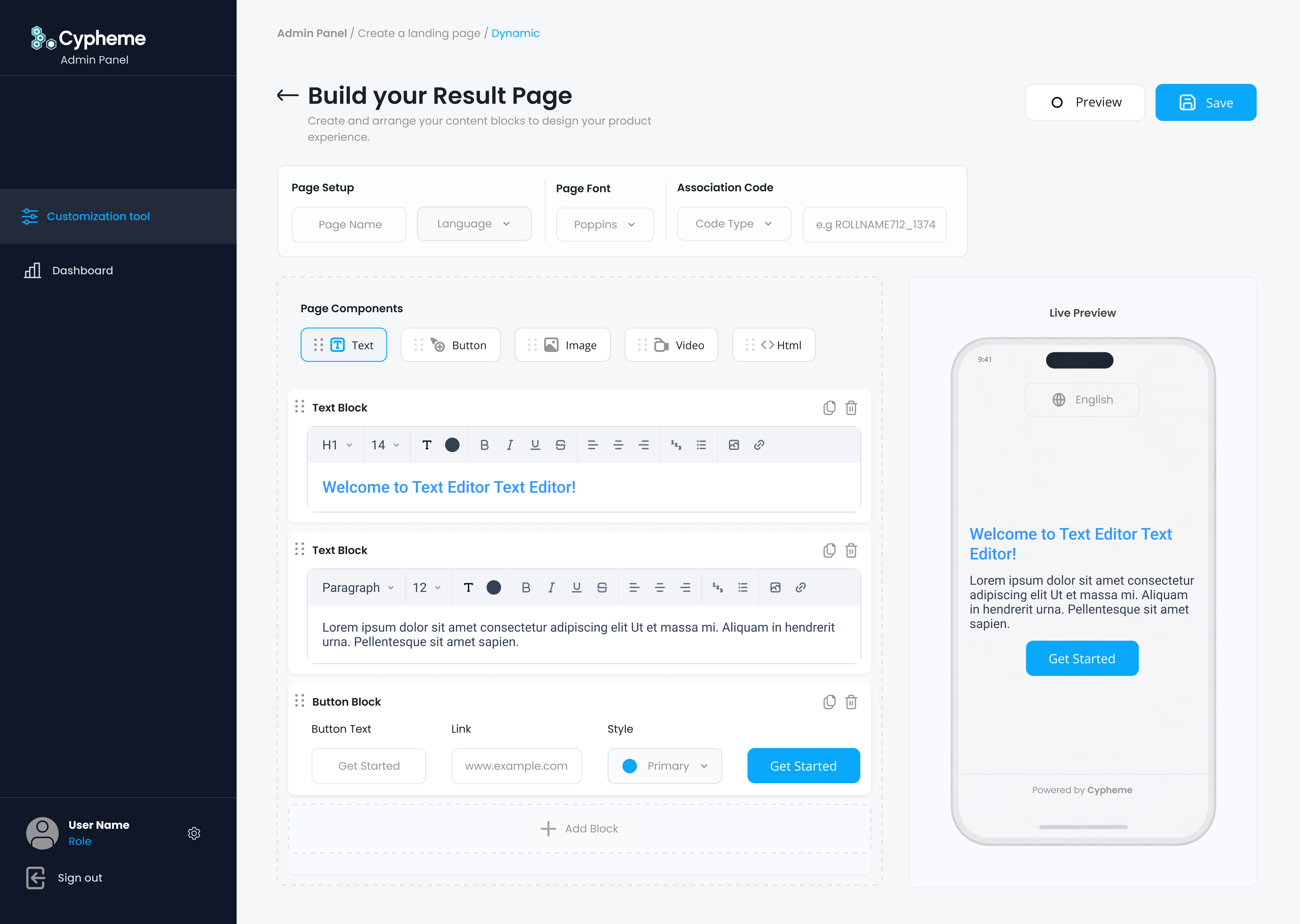 Result page builder interface