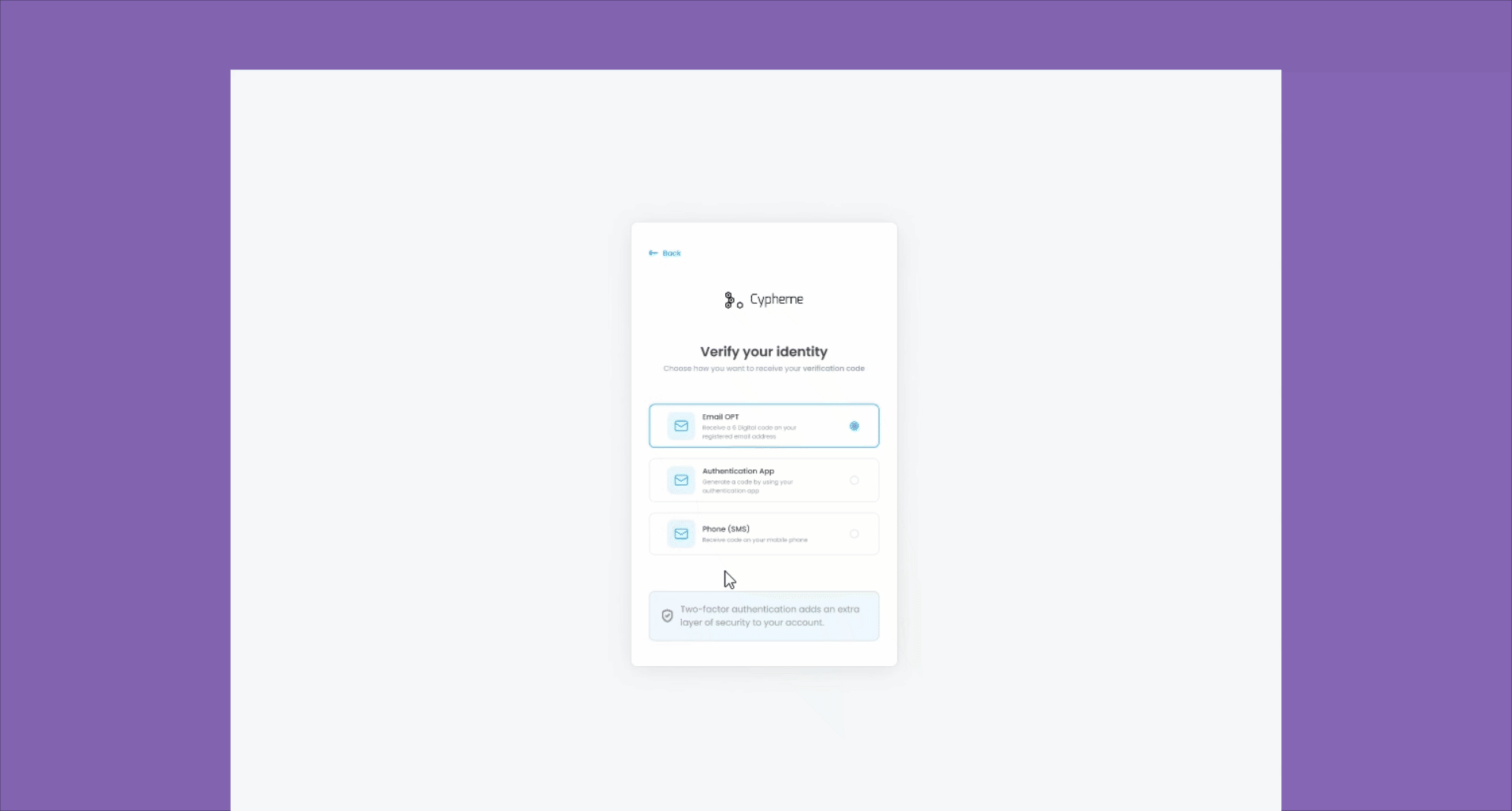Cypheme authentication and 2FA flow screens