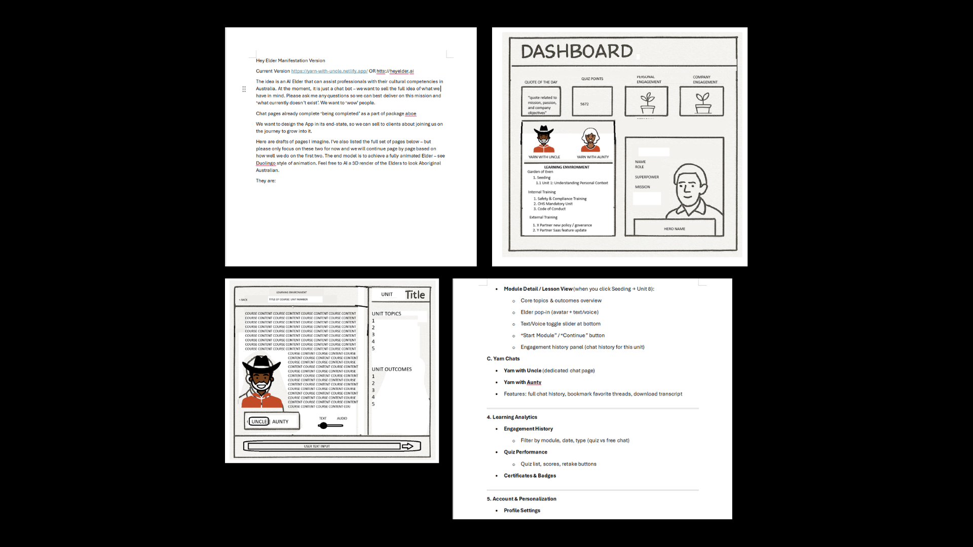 Early Elder concept documents, sketches, and learning structure
